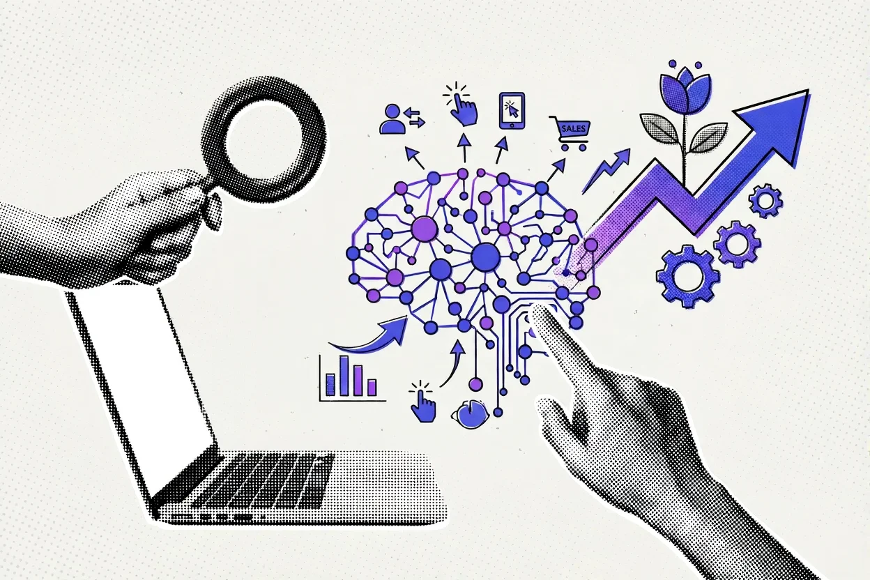 Neural network and growth arrow illustrating Machine Learning in Growth Marketing