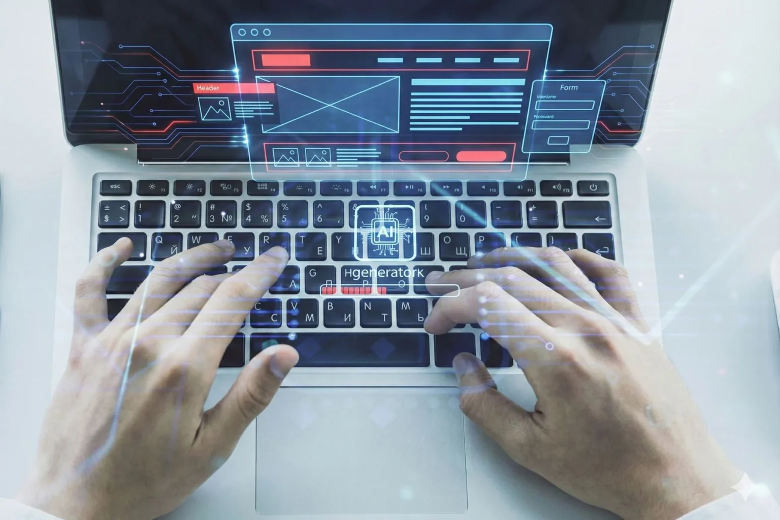 A person's hands typing on a laptop keyboard, with a holographic overlay of an AI landing page generator interface showing a website wireframe and a progress bar.