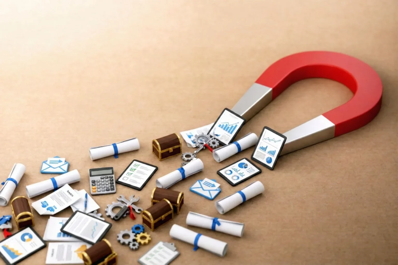 A 3D illustration of a large red and silver horseshoe magnet attracting various B2B lead magnet ideas including rolled reports, financial calculators, data charts, and digital envelopes on a neutral background.