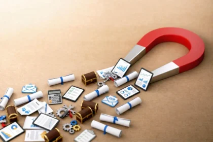 A 3D illustration of a large red and silver horseshoe magnet attracting various B2B lead magnet ideas including rolled reports, financial calculators, data charts, and digital envelopes on a neutral background.