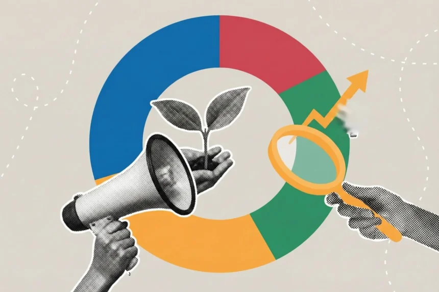 Retro illustration of zero-budget growth hacks showing a megaphone, a seedling, and a magnifying glass focused on an upward arrow.