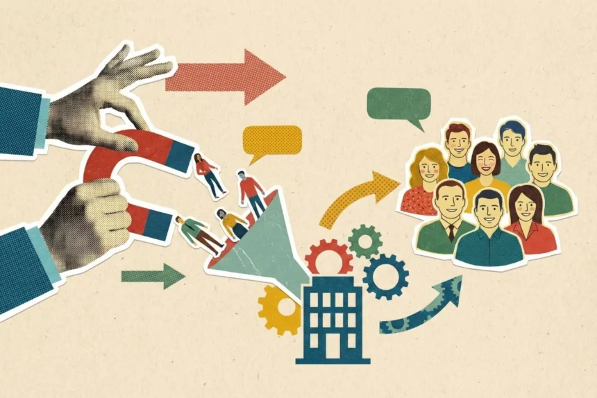 A collage illustration depicting the customer acquisition process: hands use a magnet to attract people into a funnel, which leads to a business icon and a growing customer base.