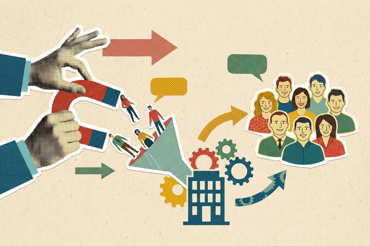 A collage illustration depicting the customer acquisition process: hands use a magnet to attract people into a funnel, which leads to a business icon and a growing customer base.