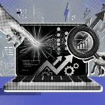 A retro illustration visualizing "Generative AI For Growth Hacking" using data charts, code, and growth symbols