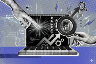 A retro illustration visualizing "Generative AI For Growth Hacking" using data charts, code, and growth symbols