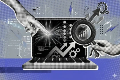 A retro illustration visualizing "Generative AI For Growth Hacking" using data charts, code, and growth symbols