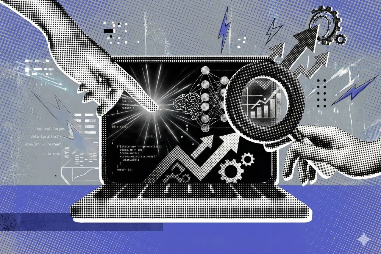 A retro illustration visualizing "Generative AI For Growth Hacking" using data charts, code, and growth symbols