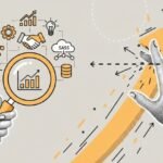 A professional illustration showing B2B growth hacking strategies featuring a magnifying glass analyzing data charts, handshakes, and SaaS icons next to a rising arrow.