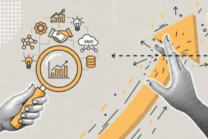 A professional illustration showing B2B growth hacking strategies featuring a magnifying glass analyzing data charts, handshakes, and SaaS icons next to a rising arrow.