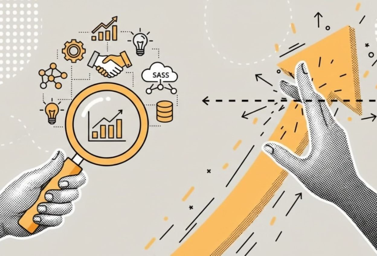 A professional illustration showing B2B growth hacking strategies featuring a magnifying glass analyzing data charts, handshakes, and SaaS icons next to a rising arrow.