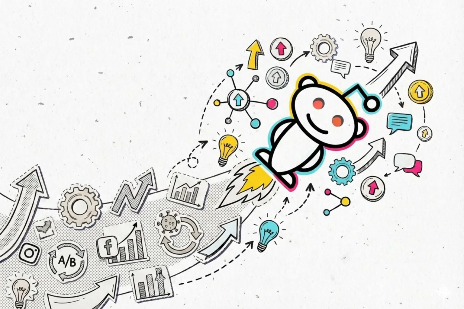 An illustration depicting Reddit Growth Strategies showing a Snoo mascot rocket surrounded by marketing icons and upward growth arrows.