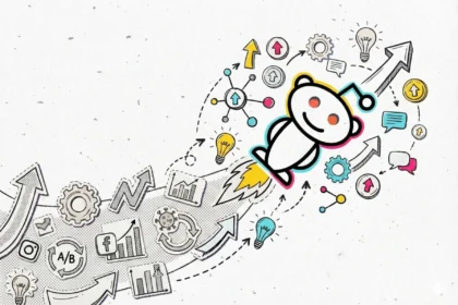 An illustration depicting Reddit Growth Strategies showing a Snoo mascot rocket surrounded by marketing icons and upward growth arrows.